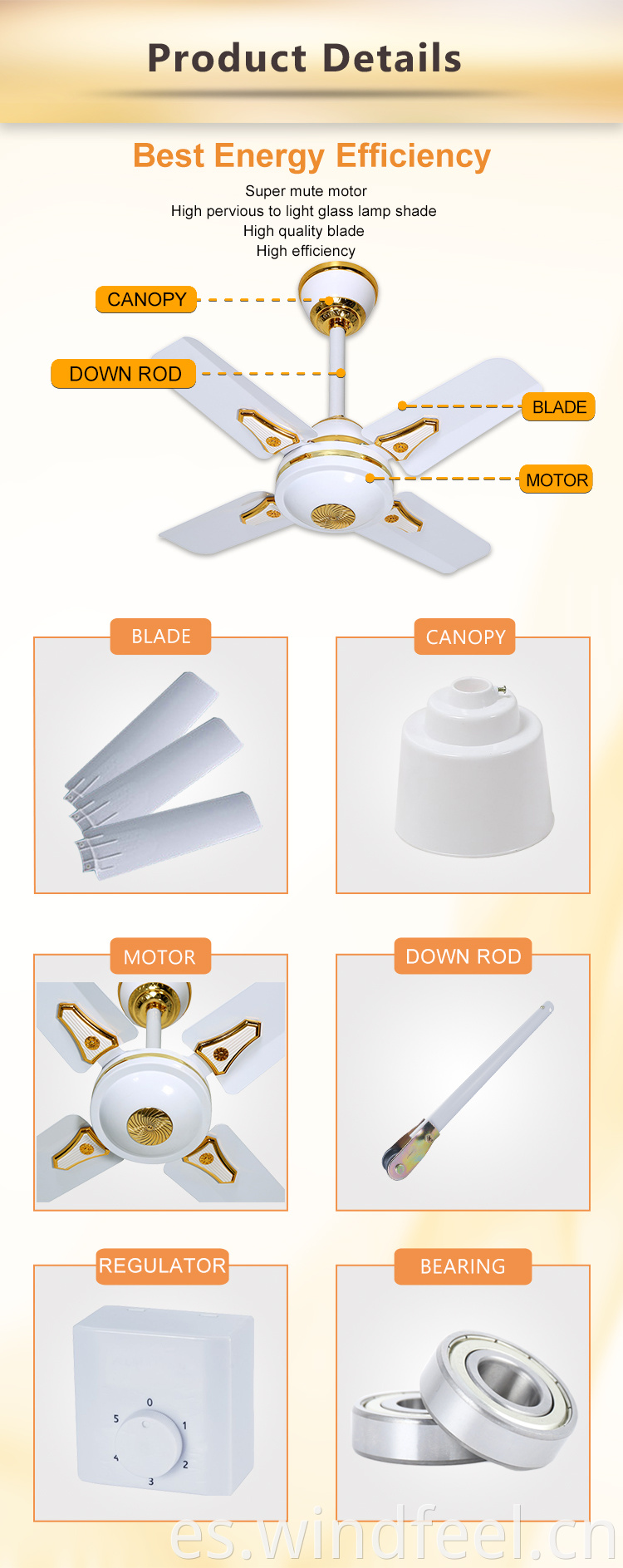 Ventilador doméstico Ventilador de techo eléctrico de 24 pulgadas Blanco